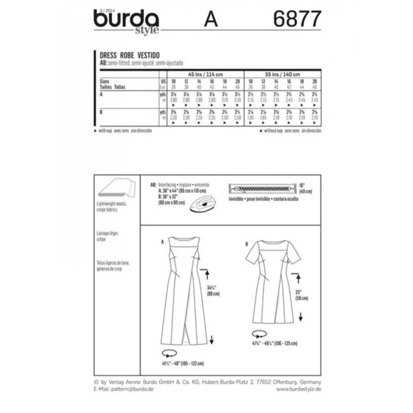 Burda 6877 Pattern Mock Wrap Dress Sleeve/No Sleeve Sizes 10-20 New & Uncut Plus - Picture 2 of 3